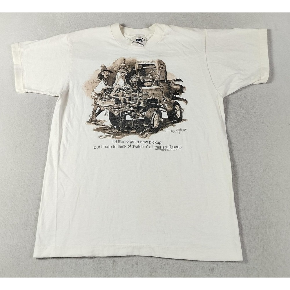Vintage Buffalo Shirt Mens Medium White Cowboy Truck Humor Graphic Tee 1991